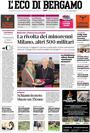 Prima pagina L'Eco di Bergamo di oggi - Quotidiano regionale