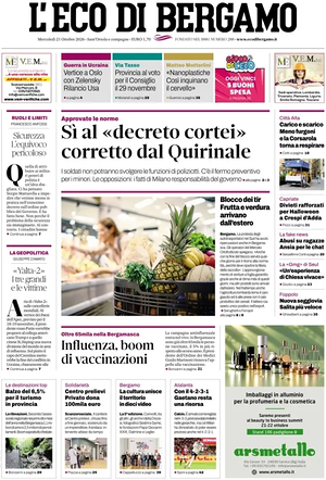Prima pagina L'Eco di Bergamo di oggi - Quotidiano regionale