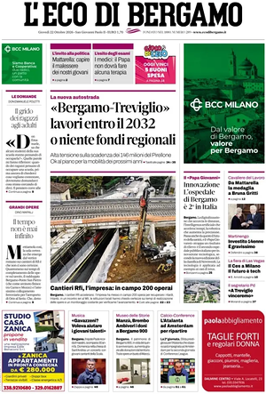 Prima pagina L'Eco di Bergamo di oggi - Quotidiano regionale
