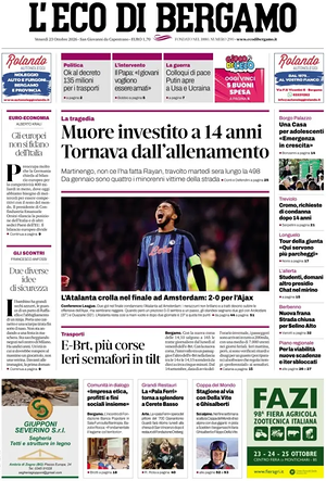 Prima pagina L'Eco di Bergamo di oggi - Quotidiano regionale