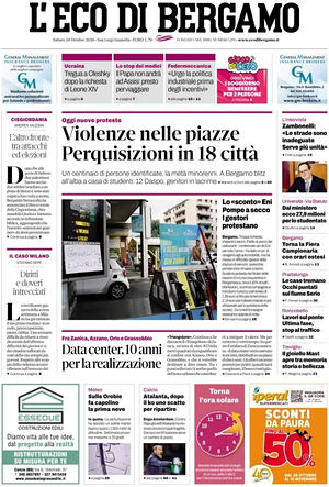 Prima pagina L'Eco di Bergamo di oggi - Quotidiano regionale