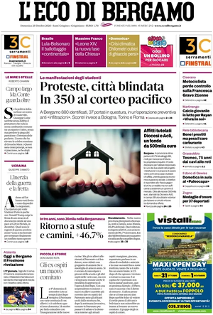 Prima pagina L'Eco di Bergamo di oggi - Quotidiano regionale
