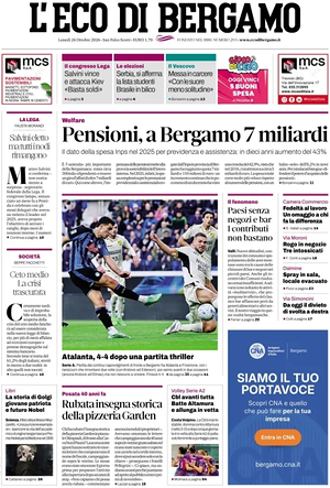 Prima pagina L'Eco di Bergamo di oggi - Quotidiano regionale