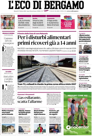 Prima pagina L'Eco di Bergamo di oggi - Quotidiano regionale