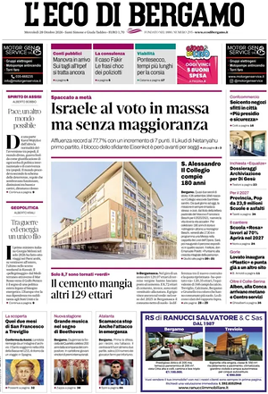 Prima pagina L'Eco di Bergamo di oggi - Quotidiano regionale