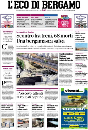 Prima pagina L'Eco di Bergamo di oggi - Quotidiano regionale