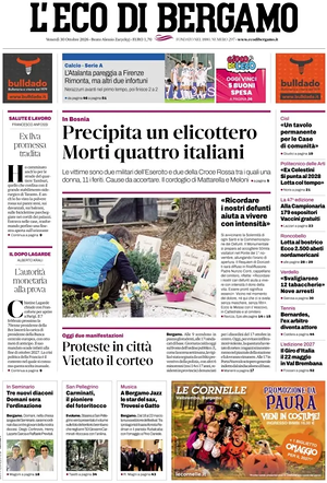 Prima pagina L'Eco di Bergamo di oggi - Quotidiano regionale
