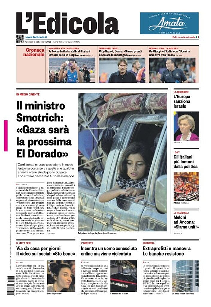 Prima pagina L'Edicola (Nazionale) di oggi - Edicola 18 Settembre 2025