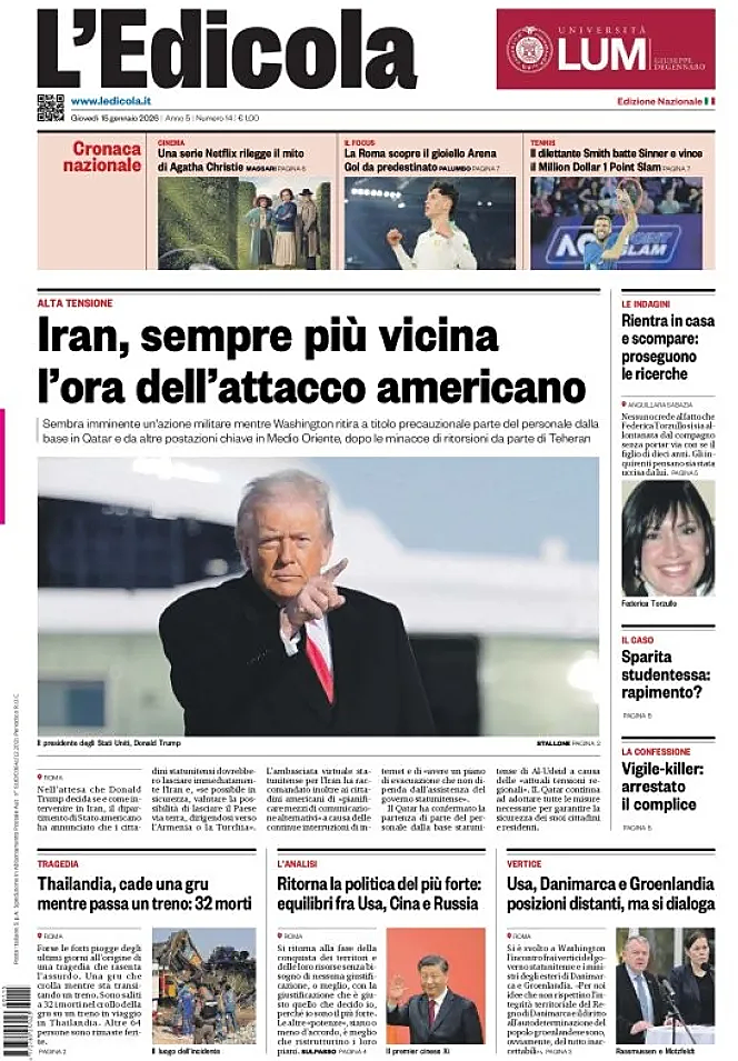 Prima pagina L'Edicola (Nazionale) di oggi - Edicola 15 Gennaio 2026