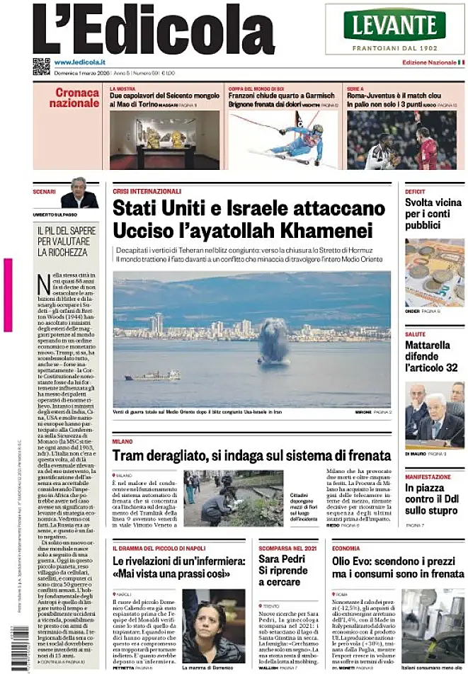 Prima pagina L'Edicola (Nazionale) di oggi - Edicola 1 Marzo 2026