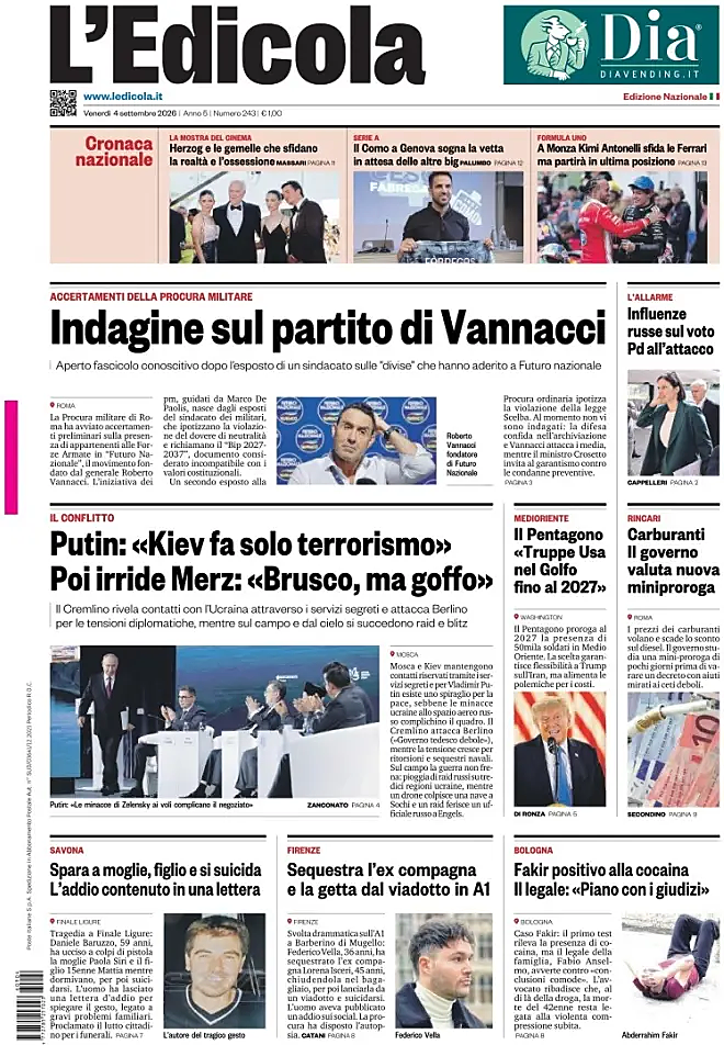 Prima pagina L'Edicola (Nazionale) di oggi - Edicola 4 Settembre 2026