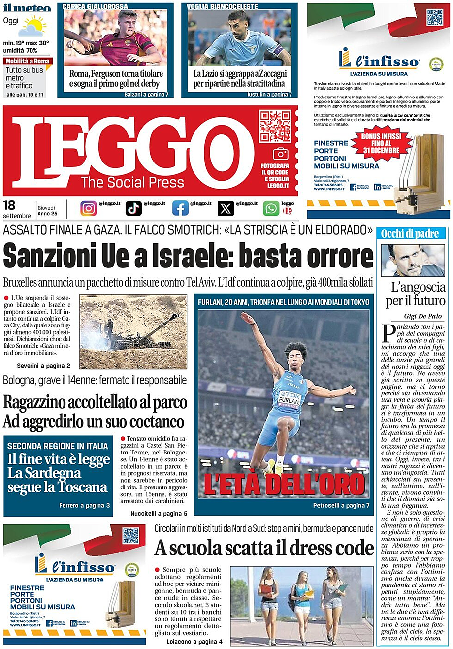 Prima pagina Leggo (Roma) di oggi - Edicola 18 Settembre 2025