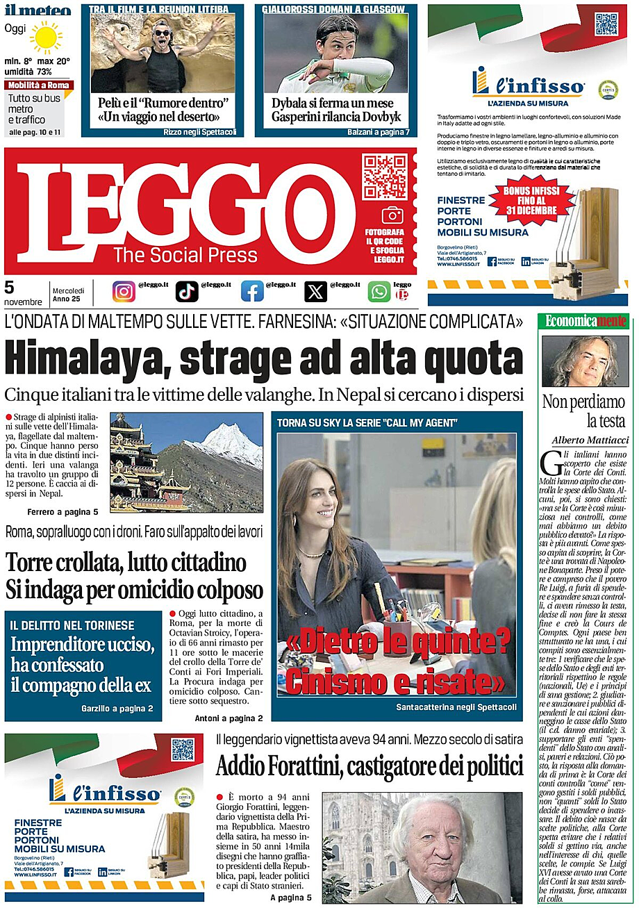 Prima pagina Leggo (Roma) di oggi - Edicola 5 Novembre 2025