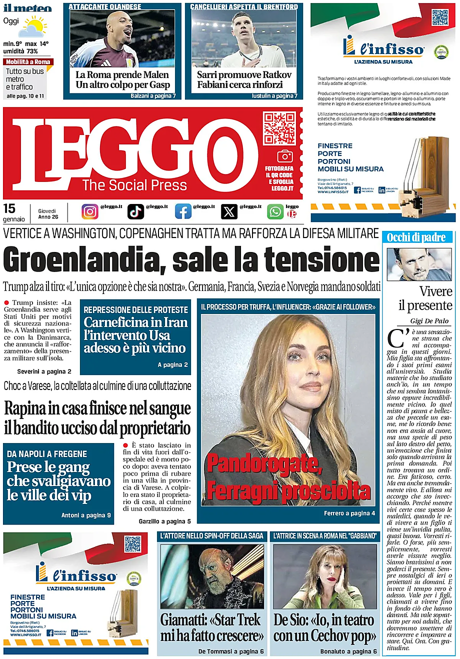 Prima pagina Leggo (Roma) di oggi - Edicola 15 Gennaio 2026