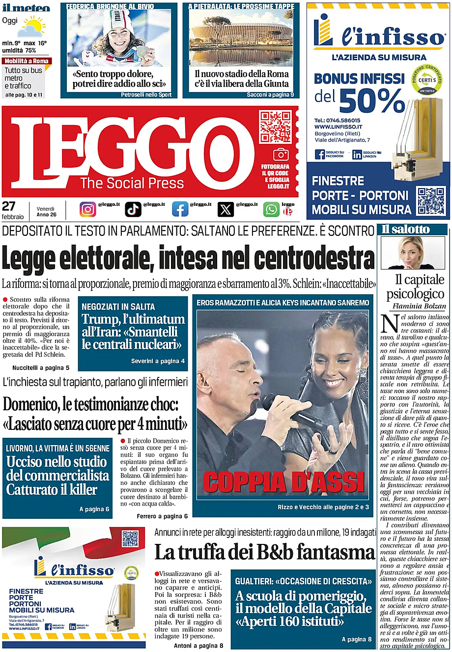 Prima pagina Leggo (Roma) di oggi - Edicola 27 Febbraio 2026