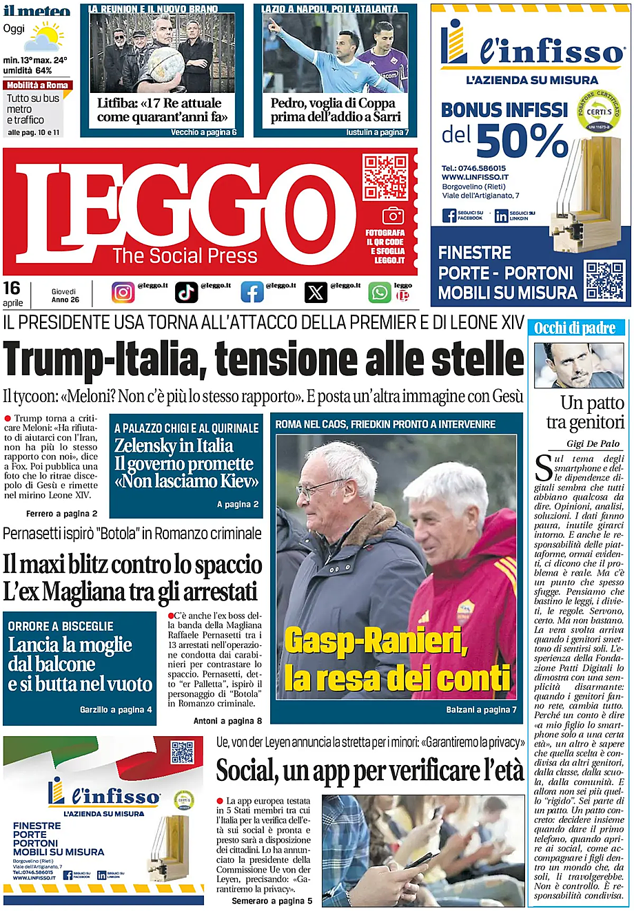 Prima pagina Leggo (Roma) di oggi - Edicola 16 Aprile 2026