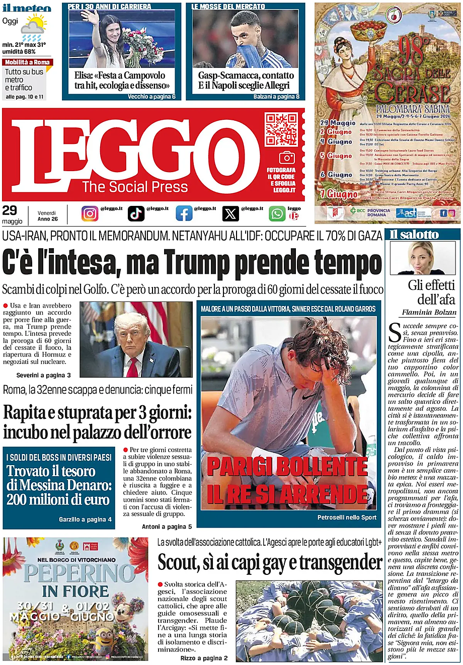Prima pagina Leggo (Roma) di oggi - Edicola 29 Maggio 2026