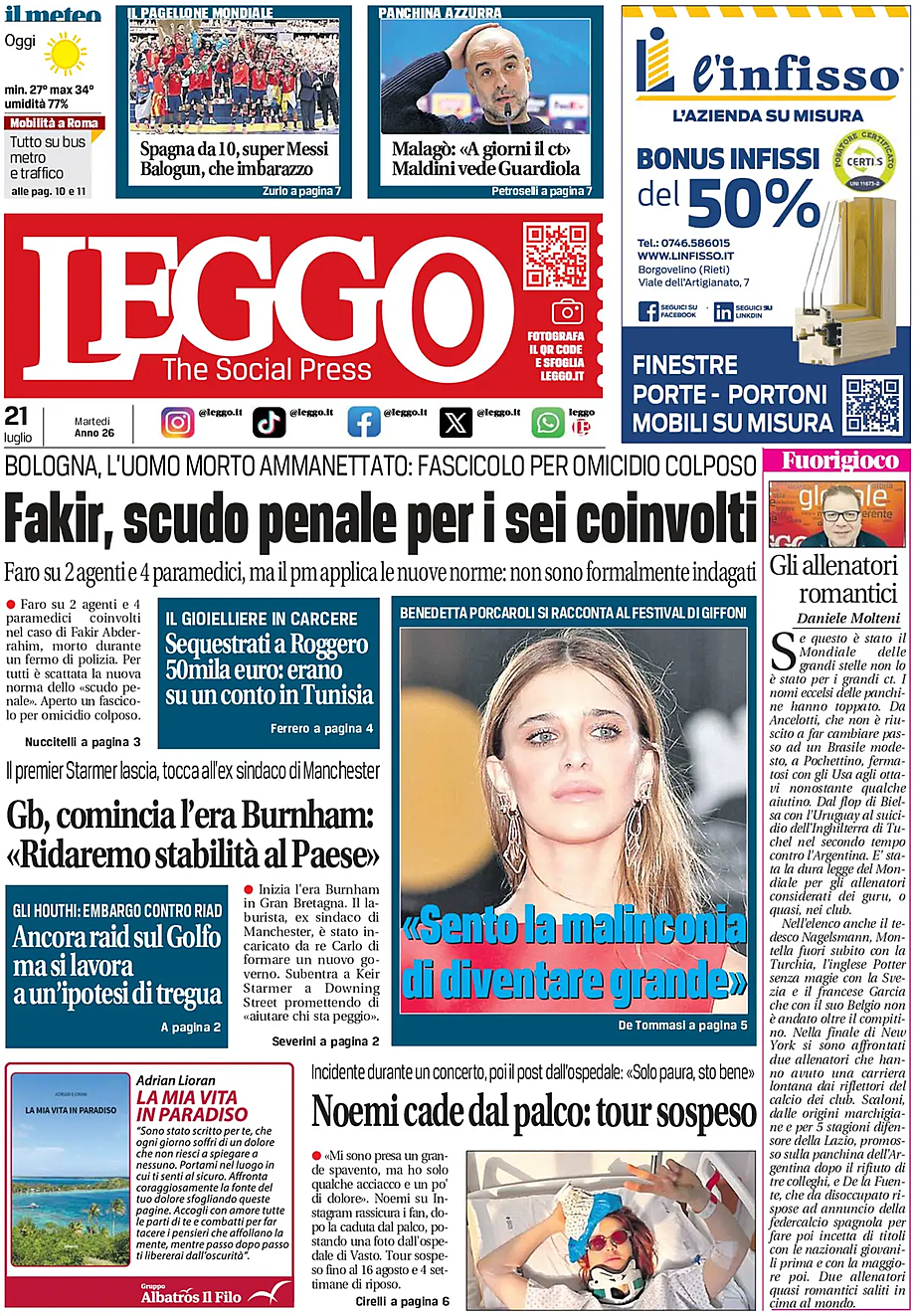 Prima pagina Leggo (Roma) di oggi - Edicola 21 Luglio 2026