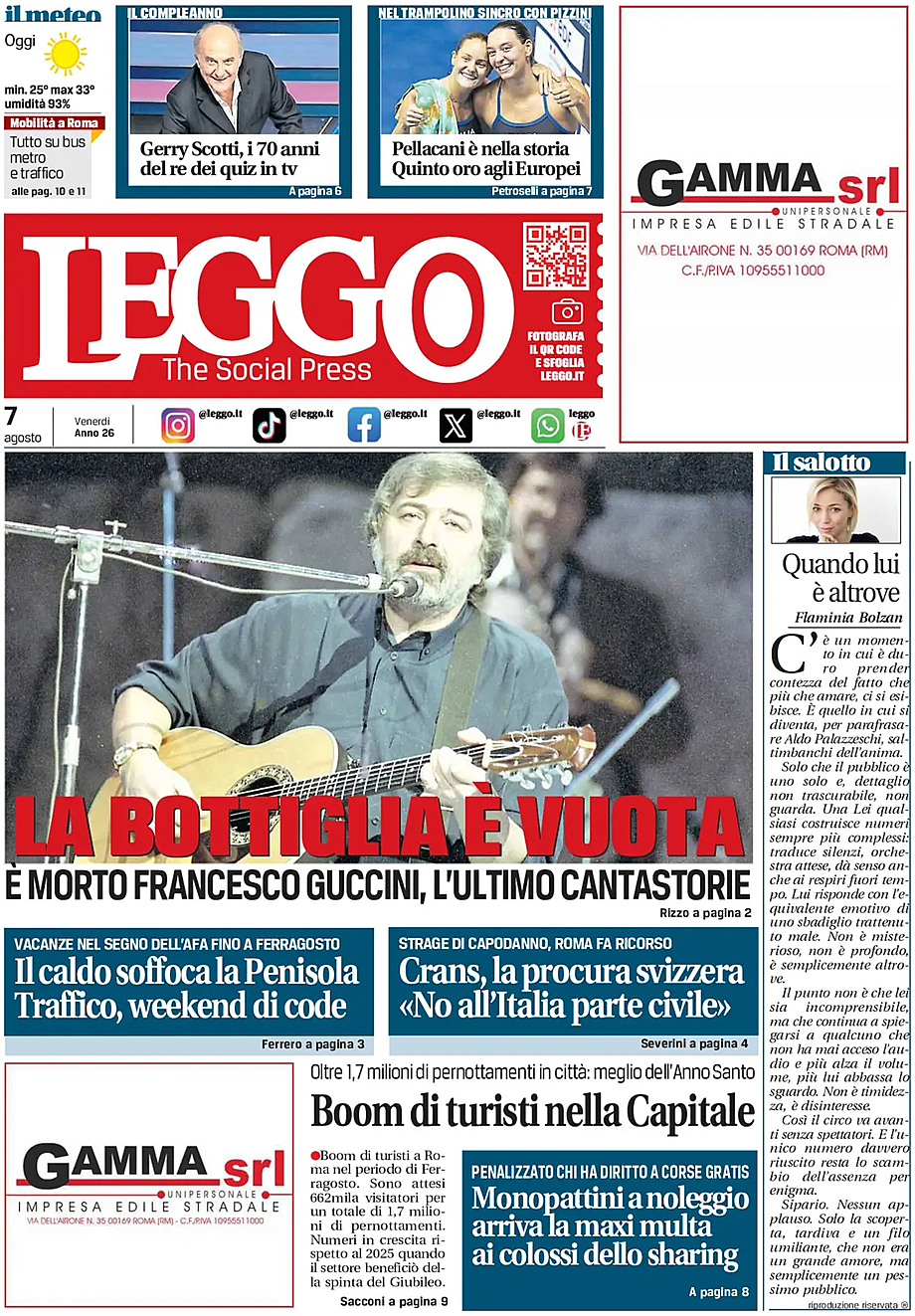 Prima pagina Leggo (Roma) di oggi - Edicola 7 Agosto 2026