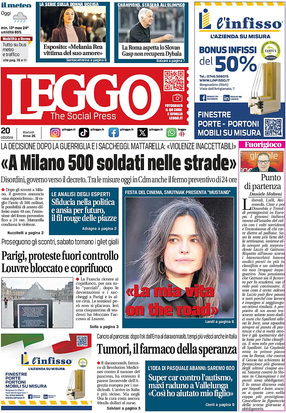 Prima pagina Leggo (Roma) di oggi - Edicola 20 Ottobre 2026