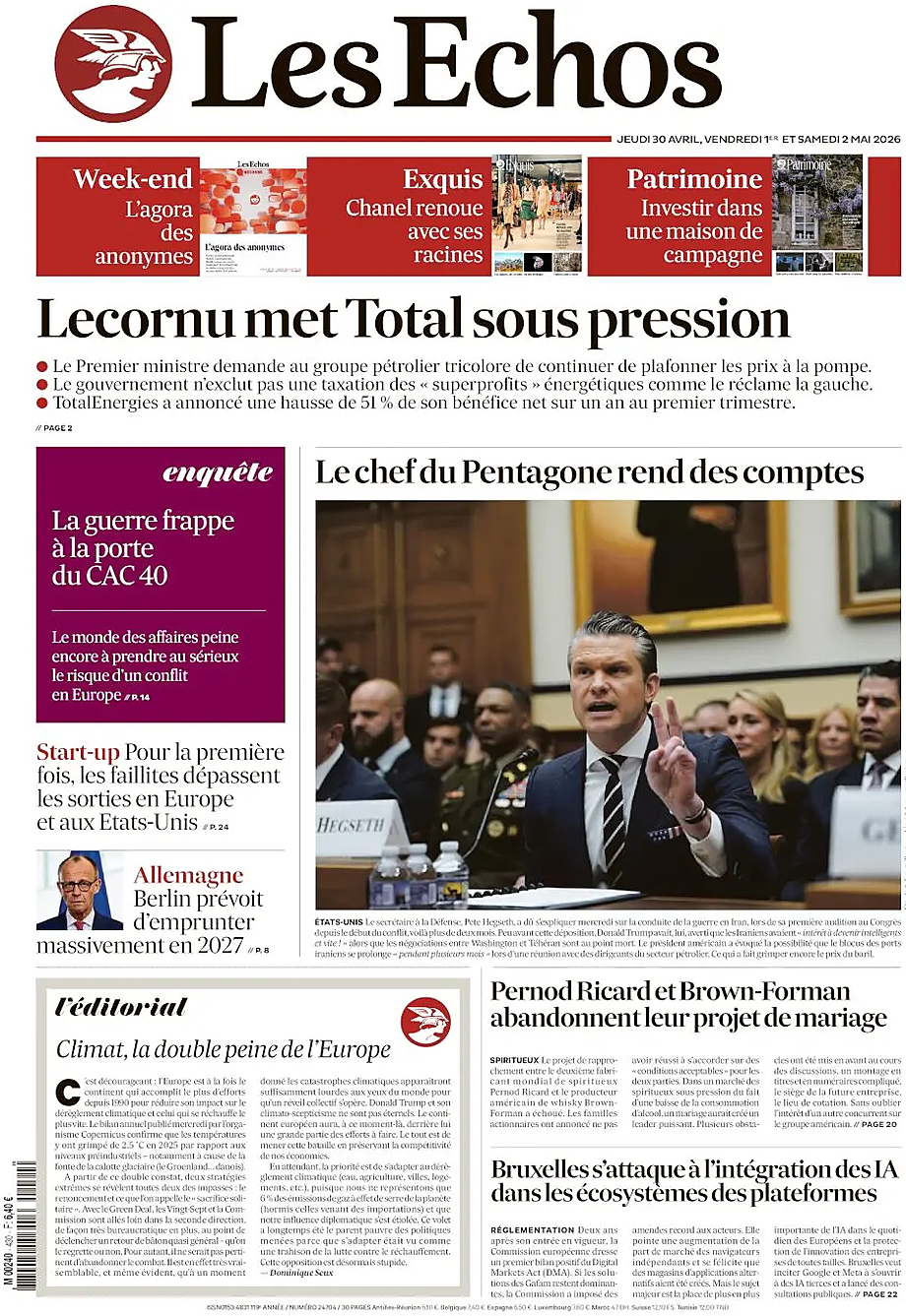 Une de Les Échos du jour - Presse 2 mai 2026