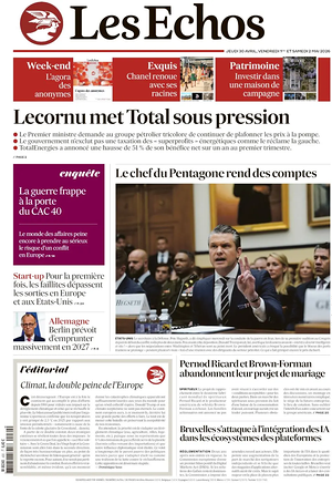 Une de Les Échos du jour - Journal économie
