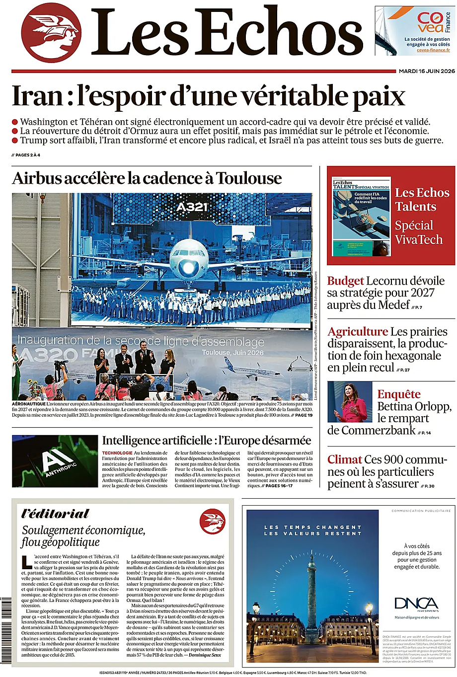 Une de Les Échos du jour - Presse 16 juin 2026