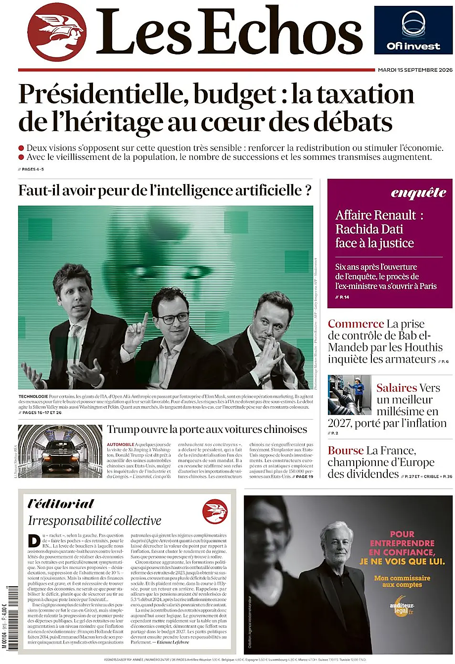 Une de Les Échos du jour - Presse 15 septembre 2026