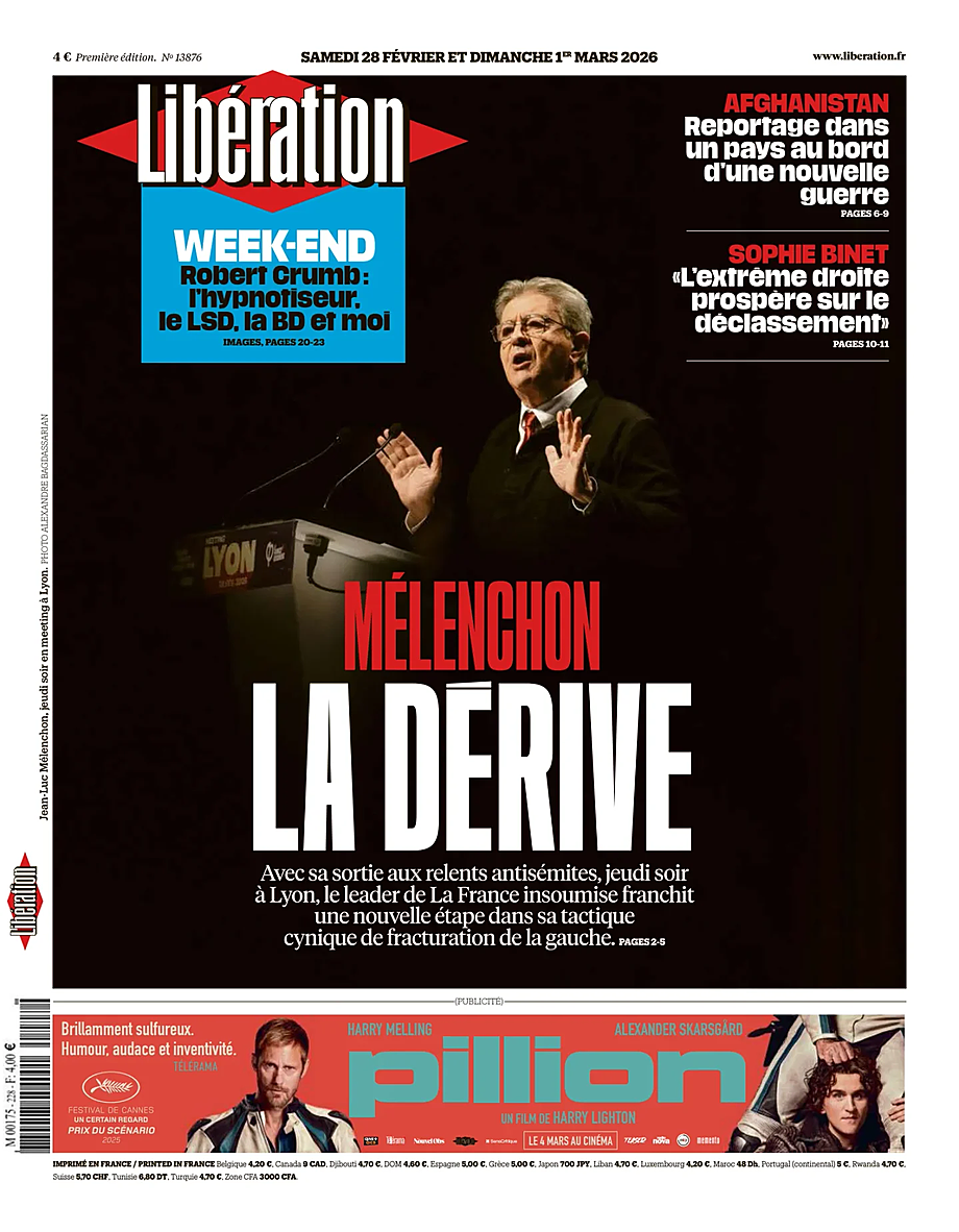 Prima pagina Libération di oggi - Edicola 28 Febbraio 2026