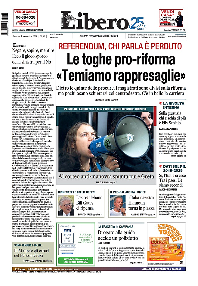 Prima pagina Libero Quotidiano di oggi - Edicola 2 Novembre 2025