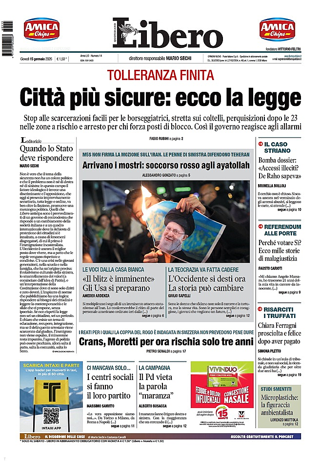 Prima pagina Libero Quotidiano di oggi - Edicola 15 Gennaio 2026