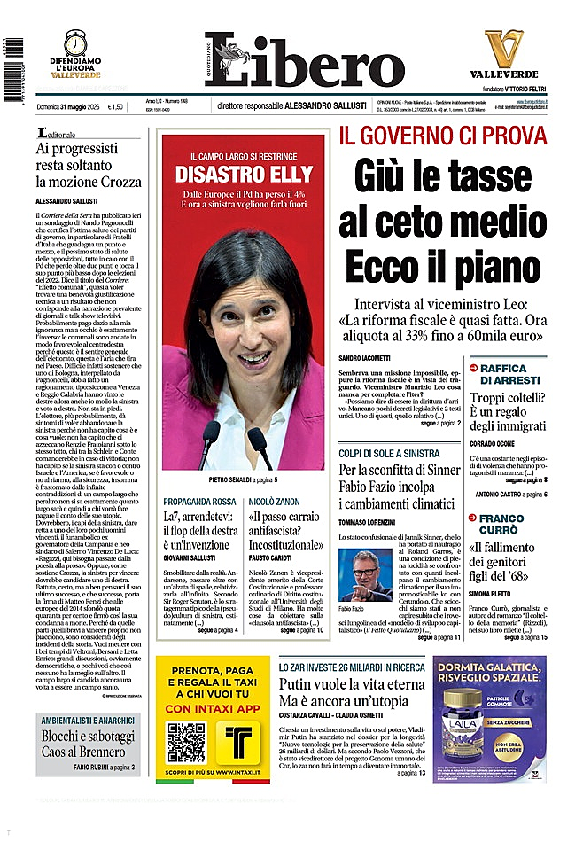 Prima pagina Libero Quotidiano di oggi - Edicola 31 Maggio 2026