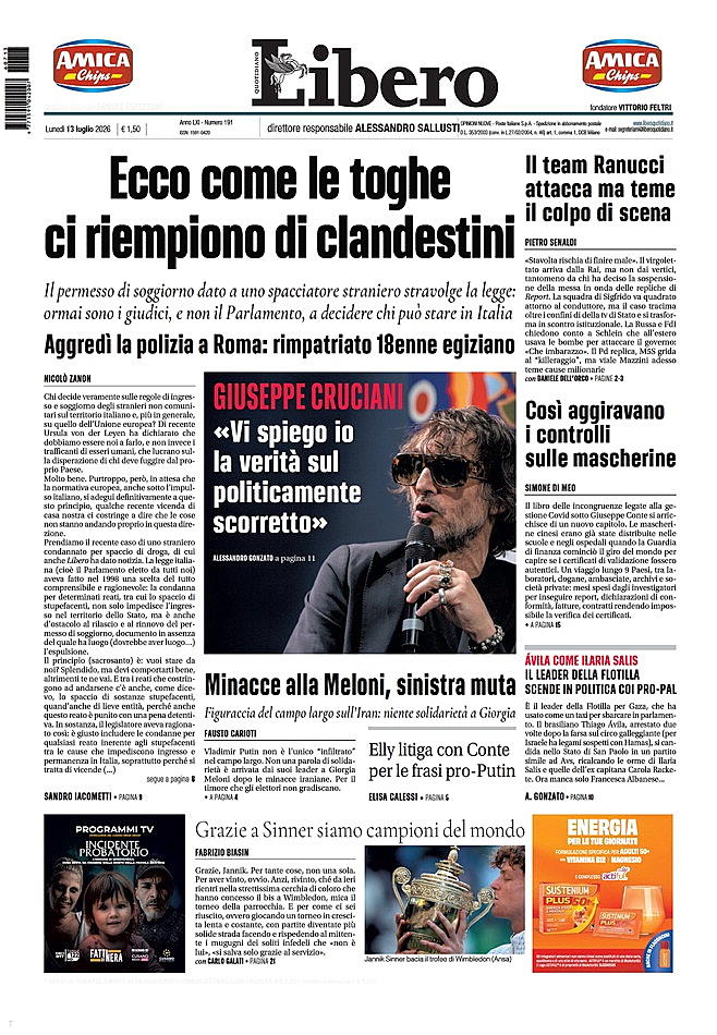 Prima pagina Libero Quotidiano di oggi - Edicola 13 Luglio 2026