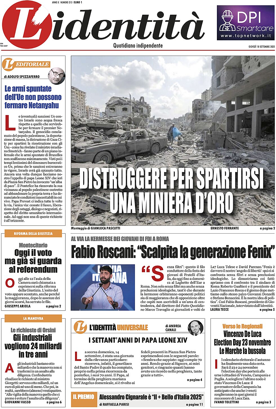 Prima pagina L'Identità di oggi - Edicola 18 Settembre 2025