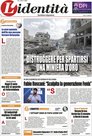 Prima pagina L'Identità di oggi - Quotidiano nazionale