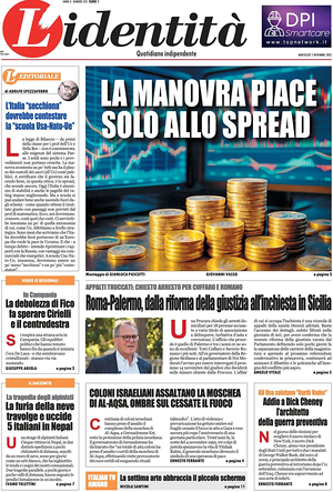 Prima pagina L'Identità di oggi - Quotidiano nazionale