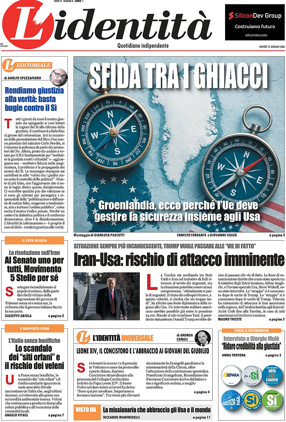 Prima pagina L'Identità di oggi - Edicola 15 Gennaio 2026