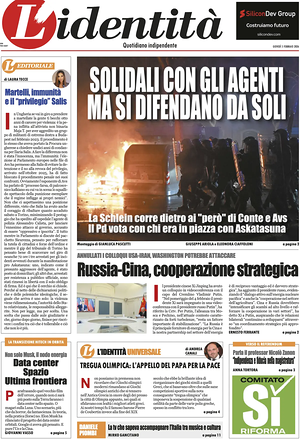 Prima pagina L'Identità di oggi - Quotidiano nazionale