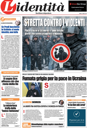 Prima pagina L'Identità di oggi - Quotidiano nazionale