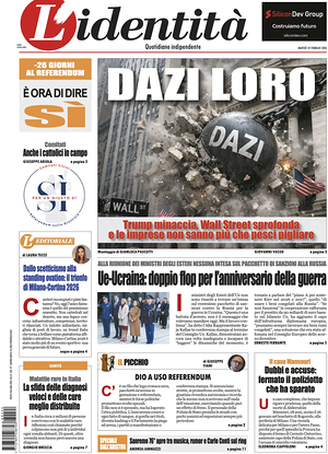 Prima pagina L'Identità di oggi - Quotidiano nazionale