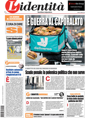 Prima pagina L'Identità di oggi - Quotidiano nazionale
