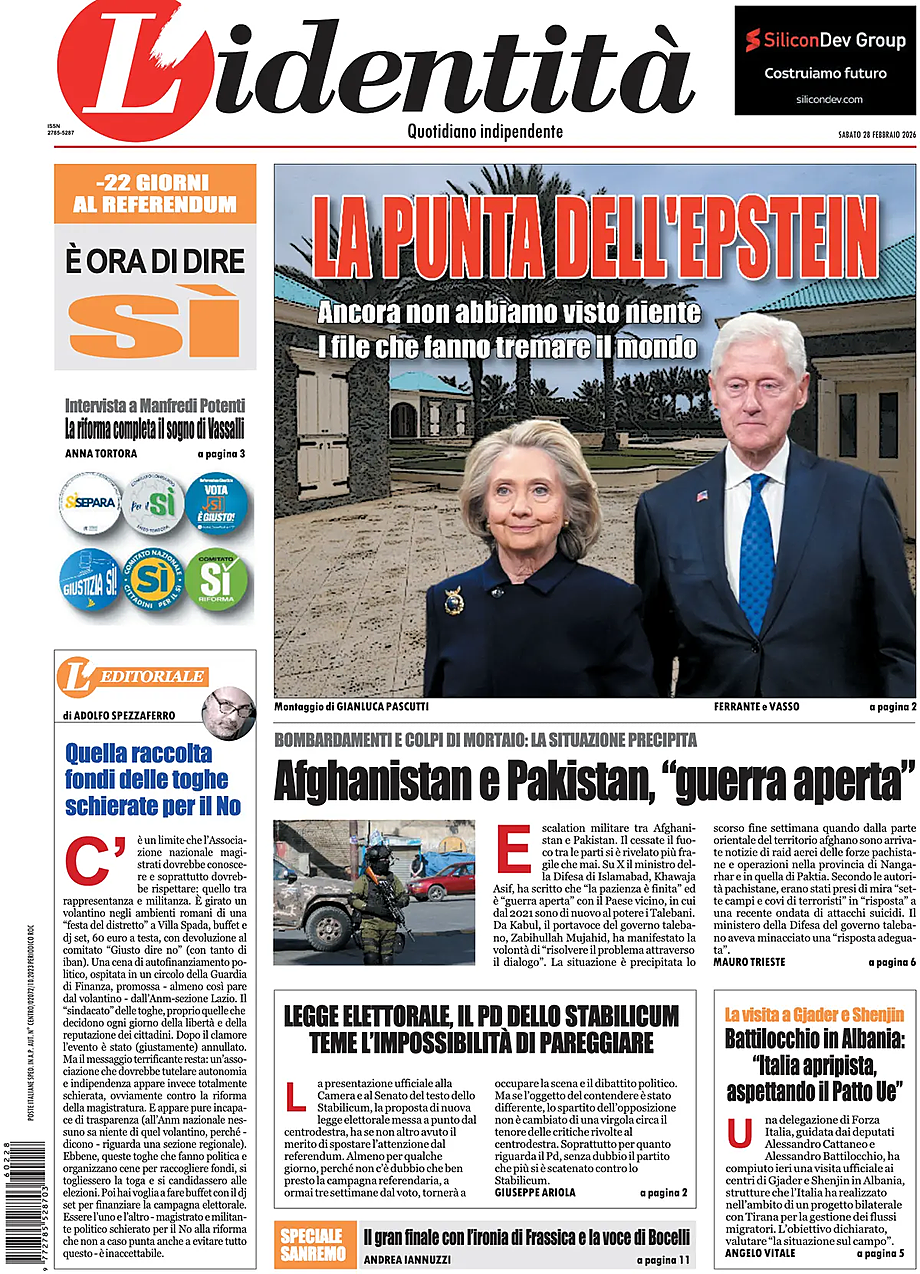Prima pagina L'Identità di oggi - Edicola 28 Febbraio 2026