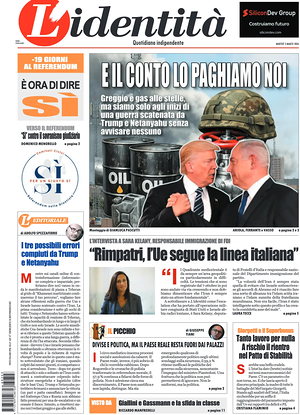 Prima pagina L'Identità di oggi - Quotidiano nazionale
