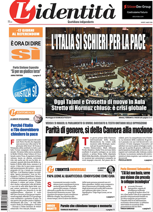 Prima pagina L'Identità di oggi - Quotidiano nazionale