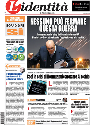 Prima pagina L'Identità di oggi - Quotidiano nazionale