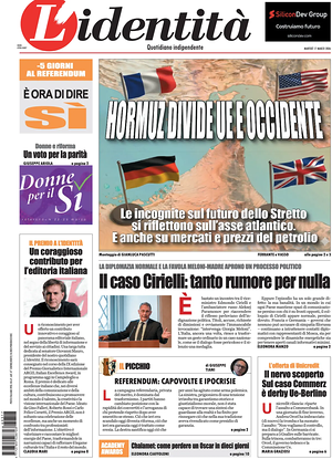 Prima pagina L'Identità di oggi - Quotidiano nazionale