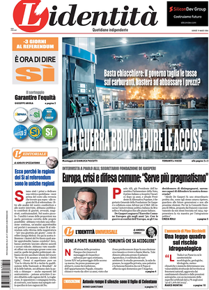 Prima pagina L'Identità di oggi - Quotidiano nazionale