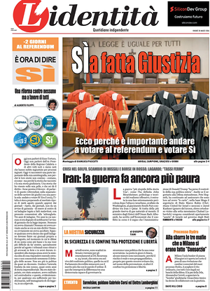 Prima pagina L'Identità di oggi - Quotidiano nazionale