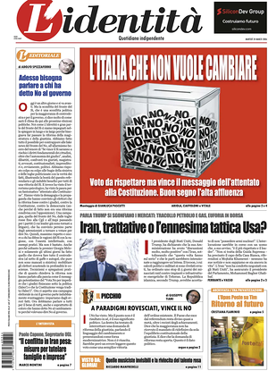 Prima pagina L'Identità di oggi - Quotidiano nazionale