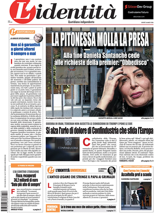 Prima pagina L'Identità di oggi - Quotidiano nazionale